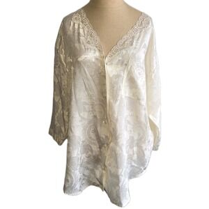 Val Mode Vintage Satin Sleep Shirt Nightgown Button Front Ivory Lace Long Sleeve
